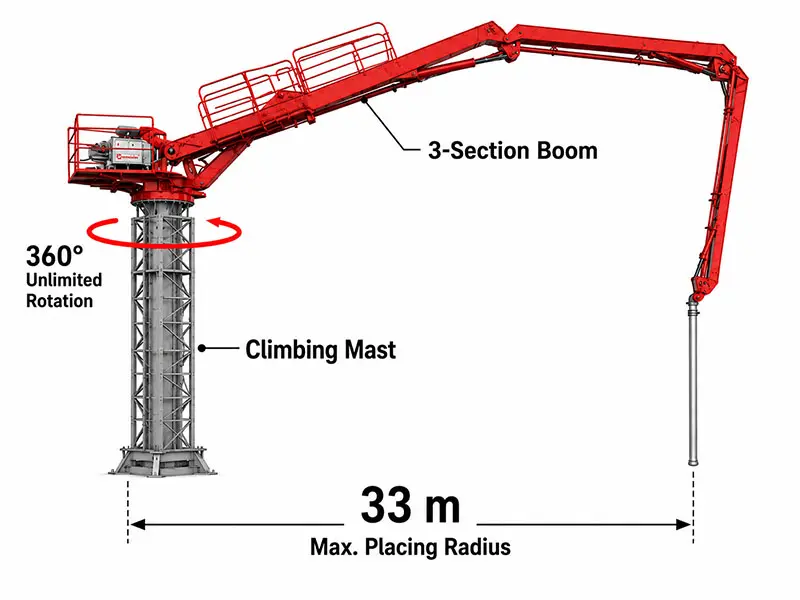 Concrete Placing Boom with 33m Placing Radius and 360° Rotation